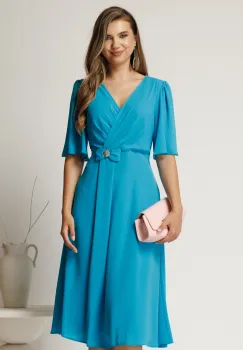 Rochie midi bleu din voal cu fundita in talie imagine