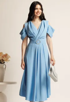 Rochie midi bleu din voal in clos cu decupaje la umeri si cordon in talie- LaDonna imagine