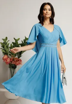 Rochie midi bleu din voal in clos cu strasuri in talie- Viada imagine