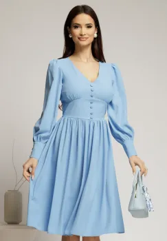 Rochie midi bleu din voal plin cu nasturi pe bust imagine