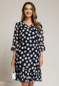 Rochie midi bleumarin cu buline, croi lejer si volanase la fusta imagine