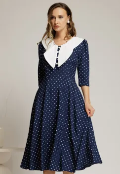 Rochie midi bleumarin cu buline si guler amplu croi clos imagine