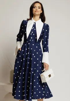 Rochie midi bleumarin cu buline si guler ascutit imagine