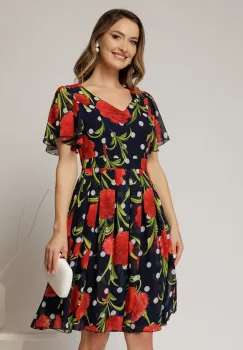 Rochie midi bleumarin cu imprimeu din voal cu decolteu in V si pliuri pe fusta imagine