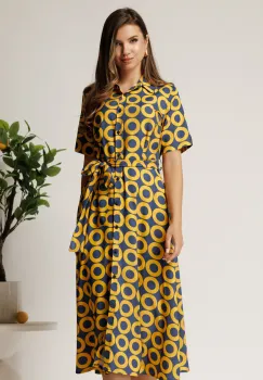 Rochie midi bleumarin din bumbac in clos cu cercuri galbene si cordon in talie imagine