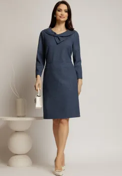 Rochie midi bleumarin din jerse cu design la decolteu si buzunare pe fusta imagine