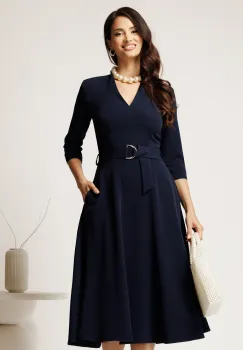 Rochie midi bleumarin din stofa cu cordon in talie imagine