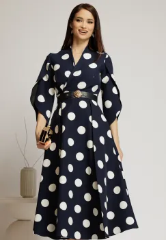 Rochie midi bleumarin din stofa in clos cu buline mari si curea in talie imagine