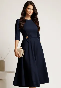 Rochie midi bleumarin din stofa in clos cu floare in talie imagine