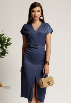 Rochie midi bleumarin din viscoza cu aspect sidefat si curea in talie imagine
