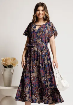 Rochie midi bleumarin din viscoza in clos cu imprimeu maro si cordon in talie imagine