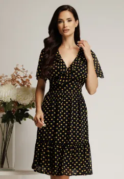 Rochie midi bleumarin din voal cu buline galbene si volane imagine