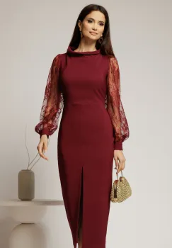 Rochie midi bordo conica cu maneci din dantela si guler barcuta imagine