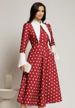 Rochie midi bordo cu buline si guler ascutit imagine