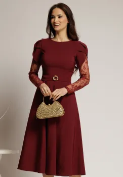 Rochie midi bordo cu maneci din dantela si cordon detasabil imagine