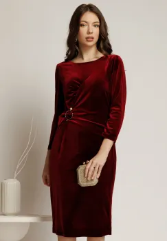 Rochie midi bordo de ocazie din catifea cu accesoriu talie imagine