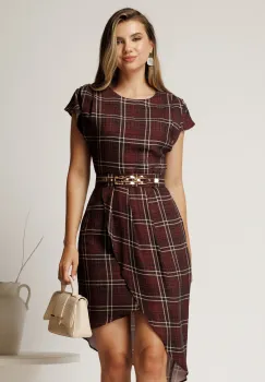 Rochie midi bordo din jerse cu carouri si curea in talie imagine