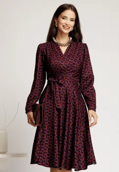 Rochie midi bordo din stofa cu imprimeuri mov si cordon in talie imagine