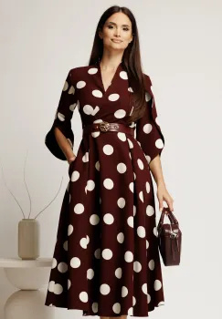 Rochie midi bordo din stofa in clos cu buline mari si curea in talie imagine