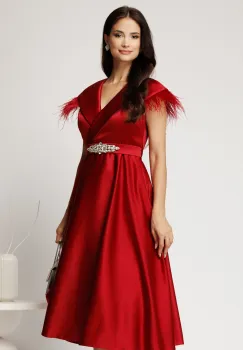 Rochie midi bordo din tafta cu pene la umeri si cordon in talie imagine