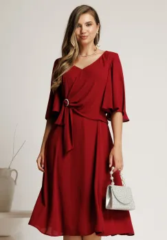 Rochie midi bordo din voal cu accesoriu si pliuri in talie imagine