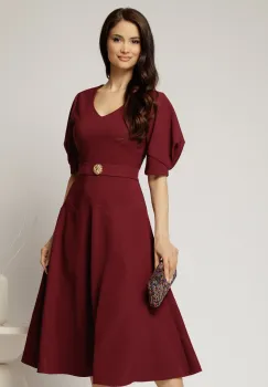 Rochie midi bordo eleganta cu fusta clos, decolteu adanc in V si maneci bufante imagine