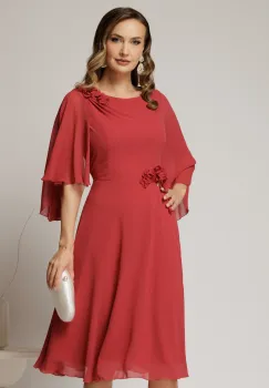 Rochie midi caramizie din voal in clini cu flori pe talie si umar imagine