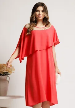 Rochie midi corai din voal dreapta cu volan si broderie pe bust imagine