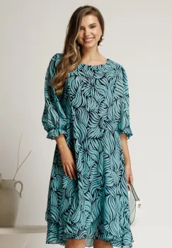 Rochie midi cu imprimeu turcoaz din voal cu croi in clini imagine