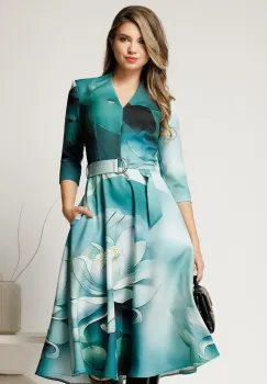 Rochie midi de zi cu imprimeu in nuante de turcoaz imagine
