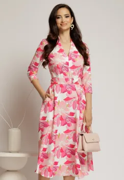 Rochie midi de zi ivoar cu imprimeuri fucsia cu buzunare imagine