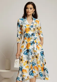 Rochie midi de zi ivoar cu imprimeuri galbene si albastre cu buzunare imagine