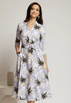 Rochie midi de zi lila cu imprimeuri ivoar cu buzunare imagine