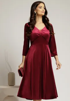 Rochie midi din catifea bordo cu decolteu V imagine