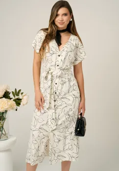 Rochie midi din in alba cu imprimeuri negre si cordon in talie imagine