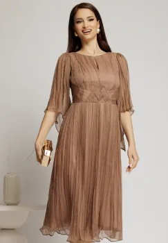 Rochie midi din matase naturala maro cu maneci evazate si talia impletita imagine