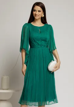 Rochie midi din matase naturala verde cu maneci evazate si talia impletita imagine