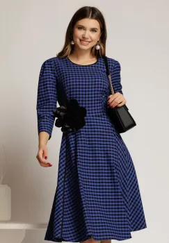 Rochie midi din stofa carou albastru si finisaje negre imagine