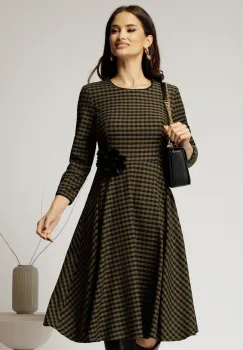 Rochie midi din stofa carou kaki si finisaje negre imagine