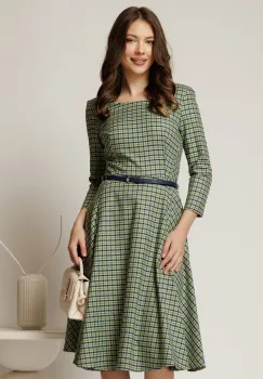 Rochie midi din stofa carou verde indiggo si curea in talie imagine