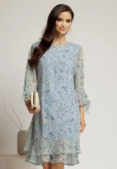 Rochie midi din voal bleu cu floricele si maneci trei sferturi imagine