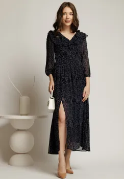 Rochie midi din voal bleumarin cu buline si volanase la decolteu imagine