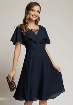 Rochie midi din voal bleumarin cu maneci evazate si decolteu adanc imagine