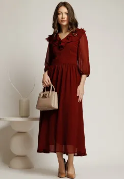 Rochie midi din voal bordo cu buline si volanase la decolteu imagine