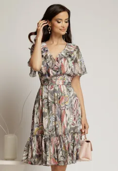 Rochie midi din voal kaki cu imprimeuri cu decolteu petrecut cu volanase si maneci scurte imagine