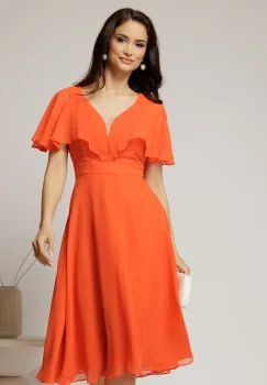 Rochie midi din voal oranj cu maneci evazate si decolteu adanc imagine