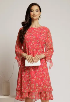 Rochie midi din voal rosu cu floricele si maneci trei sferturi imagine