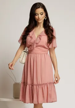 Rochie midi din voal roz cu decolteu petrecut cu volanase si maneci scurte imagine