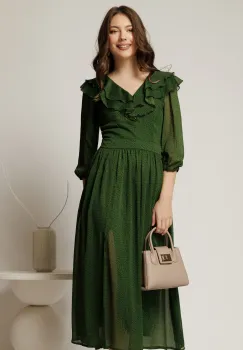 Rochie midi din voal verde cu buline si volanase la decolteu imagine