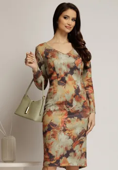 Rochie midi dreapta cu imprimeu verde fistic si oranj imagine